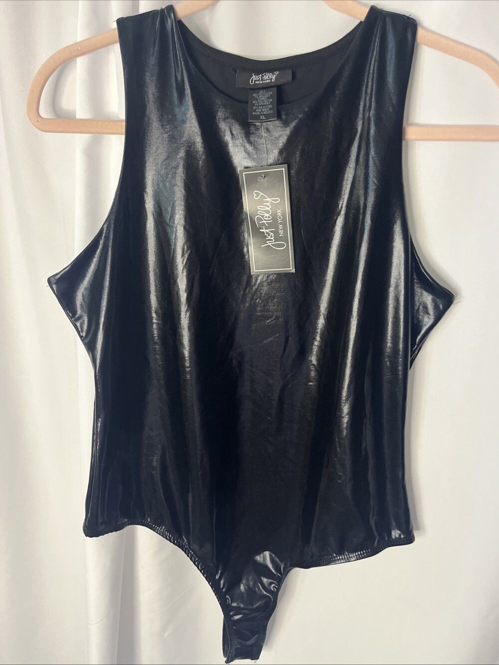 JUST POLLY Bodysuit Black Faux Leather Shiny Polyester Blend Size XL Sleeveless
